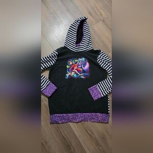 Black and White Striped Women's Hoodie with Purple Accents